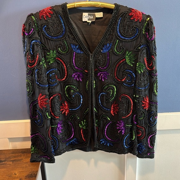Vintage 80s Silk Sequin Beaded Long Sleeve ART DECO Jacket small India by Carina - Picture 1 of 15